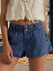 Women's Loose-Fit Denim Shorts, Elegant Double-Breasted Design, Summer Mini Shorts, Suitable For Beach And Everyday Wear - Màu xanh lam - Xem 4