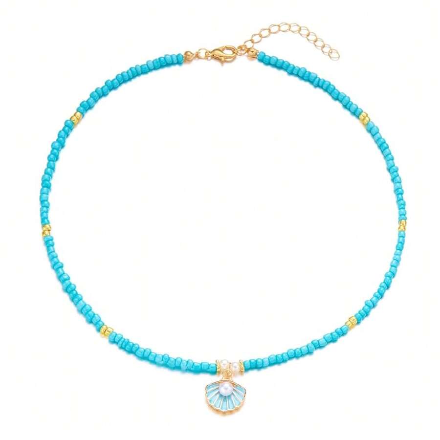 Seashell Pearl Pendant Necklace Gold Plated Boho Enamel Pink Blue Scallop Sea Shell Starfish Ocean Animal Chain Necklace For Women Hawaiian Summer Beach Holiday Fashion Jewelry Gifts - 藍色串珠項鍊 - 查看 1