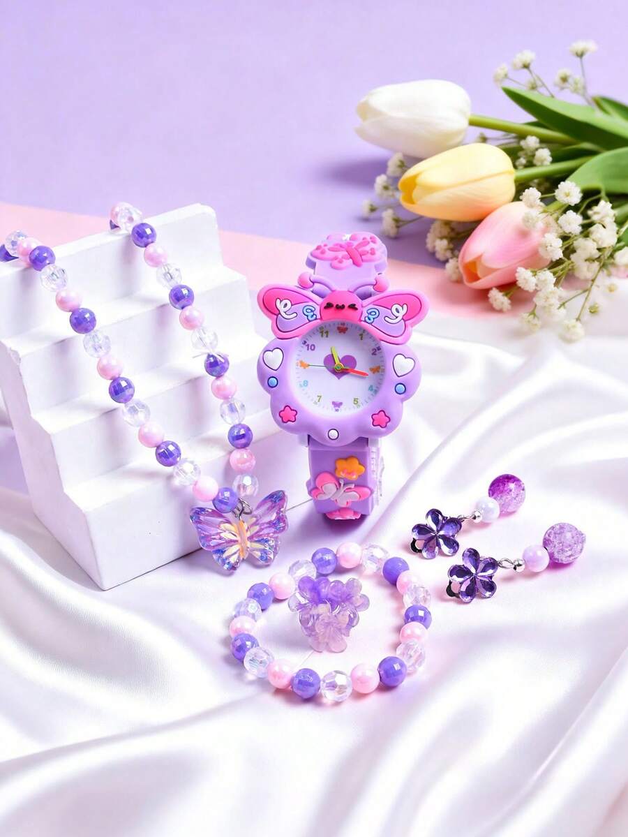 6pcs/Set 2026 New Soft Silicone Strap Watch, Creative Butterfly Pattern Quartz Wristwatch, Butterfly Necklace Bracelet Earrings Ring Jewelry Set, Gift For Girls