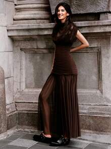 UNITHORSE Stand Collar Waist Ruched Bodycon Knit Evening Gown Dress - Brown - View 1