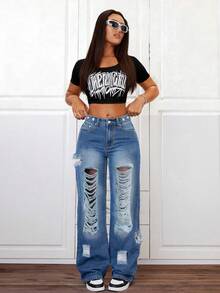 Fashionable High Street Ripped Blue Jeans For Women, Adjustable Waist Design, Casual Street Style Loose Fit Straight Leg Denim Pants, Suitable For Spring & Summer - Blue - View 3