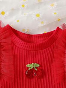 2pcs Baby Girls Summer Ribbed Contrast Lace Sleeveless Cherry Embroidered Top And White Butterfly Print Skirt Set - Red - View 3
