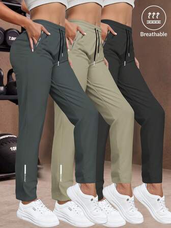 Women's Casual Elastic Sports Pants, Lightweight Breathable Outer Wear, Slimming Drawstring Waist, Suitable For Running, Yoga, Workout, Spring/Autumn