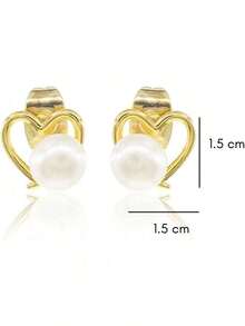 Estilo Cyra|   Aretes Tipo Broquel Con DiseñO De CorazóN Decorado Con Perla- Color Dorado.VersióN Mejorada - 1 - Ver 4