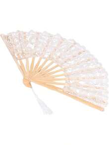 Abanico Plegable, Abanico De Bambú Diseño De Encaje  Hermoso Atractivo Mano De Obra Exquisita Con Borla Para La Decoración De La Ropa Para El Rendimiento De La Danza Para El Regalo - 1 - Ver 1