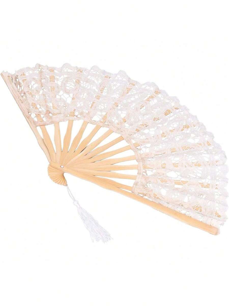 Abanico Plegable, Abanico De Bambú Diseño De Encaje Hermoso Atractivo Mano De Obra Exquisita Con Borla Para La Decoración De La Ropa Para El Rendimiento De La Danza Para El Regalo - 1 - Ver 1