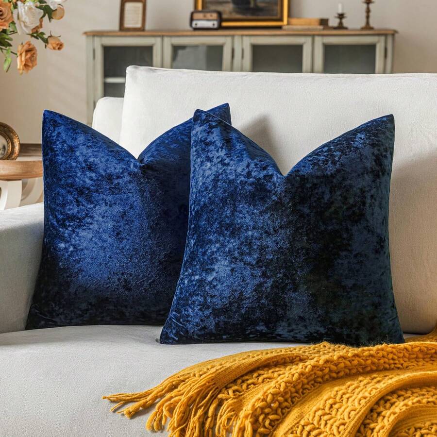 1pc Soft Velvet Dotted Textured Frosty Floral Solid Color Throw Pillow Cover, Suitable For Sofa, 18x18 Inches - Navy Blue - View 1