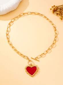 1pc Women's Pendant Necklace, Elegant Resin Inlaid Zinc Alloy Heart Shaped Pendant Necklace, Suitable For Dating And Valentine's Day Jewelry Gift