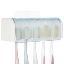 5 Slots Wall Mount Toothbrush Holder With Cover Self Adhesive Toothbrush Storage Organizer For Shower Toothbrush Hanger With Automatic Toothpaste Squeezer Dispenser - 白色+藍色 1包 - 查看 4