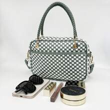 Checkered Crossbody Bag For Women Shoulder Plaid Handbags Top Handle Satchel Bag Woven Bum Bag Stylish Woven Crossbody Bag PU Leather - 豆綠白格子 - 查看 5
