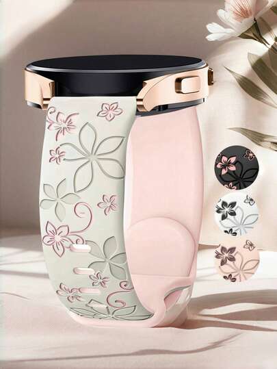 20毫米花卉雕刻软硅胶运动表带，蝴蝶扣，可爱花朵图案，兼容三星Galaxy Watch 7/6/5/4（40毫米/44毫米）、5 Pro、6 Classic（47毫米）、Watch 4 Classic、Active 2（45毫米）、Galaxy Active 2、Galaxy Watch 3、Watch 4 Classic（42毫米/46毫米）、Watch 6（47毫米/43毫米）、荣耀、佳明、Amazfit Bip 3 Pro/S Lite等手表。