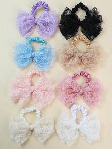 4/8 Pcs Girls Colorful Flower Lace Bow Small Satin Hair Scrunchies Hair Rings, Cute New Back To School Large Lace Bowknot Satin Hair Ropes Hair Ties, Soft Silky Ponytial Holders Hair Accessories For Holiday Parties And Daily Use - Multicolor - View 1