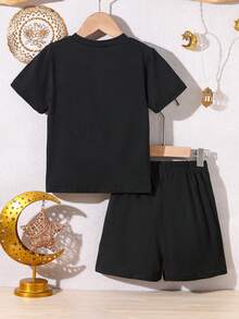 斋月系列月亮印花牛奶丝双面磨毛短袖上衣和短裤套装，女童款，休闲、可爱、舒适、百搭 - 黑色 - 查看 7