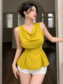 abyoxi 黄色性感垂褶领无袖荷叶边下摆系带露脐上衣，纹理面料，休闲时尚度假海滩风，春夏新款女装 - 黃色 - 查看 5