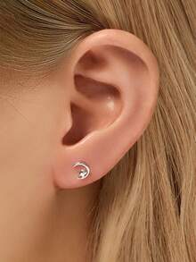 1pc 16G Mini Moon & Star Internally Threaded Lip Stud - Exquisite Jewelry For Ear Cartilage Piercing - Ear Cuff - Ear Helix - Flat Bottom Lip Ring Nose Stud - Suitable For Women's Daily Wear/Wedding/Engagement/Anniversary/Valentine's Day Gift (Sold Individually, Left And Right Earrings Shipped Randomly) - Smooth Star and Moon Earrings - View 8