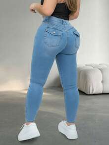 Jeans de talla grande con ajuste delgado, con bolsillos con cremallera y detalles de botones, elásticos y cómodos, pantalones casuales de mujer, primavera - Azul - Ver 8