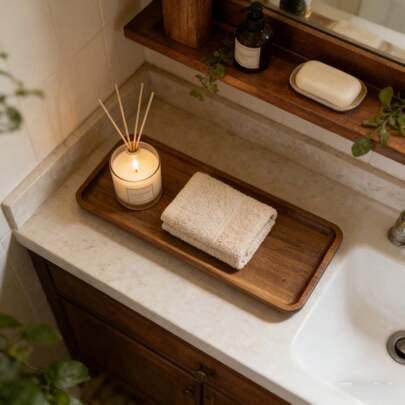 1 pieza Bandeja ovalada de madera - Bandeja para el tocador del baño - Delgada y elegante, perfecta para el baño, encimera, lavabo, tanque del inodoro, decoración de la sala de estar, velas y accesorios para el hogar, accesorio de baño, decoración de Ramadán, regalo del Día de San Valentín