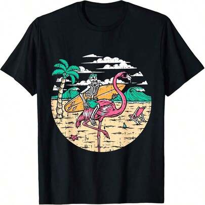 Disfraz de Halloween de surfista esqueleto montando flamenco, camiseta de surf de 220g de algodón puro con impresión minimalista, tela suave y transpirable, camiseta de algodón puro de alta calidad de 502g con impresión minimalista, tela suave y transpirable, cómoda y holgada, adecuada para uso diario, adecuada para ropa casual de oficina, apariencia diaria de primavera y verano, diseño elegante y juvenil, cómoda y holgada, adecuada para uso diario, adecuada para ropa casual de oficina, apariencia diaria de primavera y verano, regalo del Día del Padre, diseño elegante y juvenil
