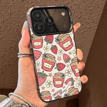 いちごジャムとデイジー柄のスマホケース、インスタグラム風キュートで気をつけてまぐれなレトロスタイル、 17 16 15 14 PLUS 13 12 11 PRO MAXに適したギフト - 透明な黒 - チェックする 2