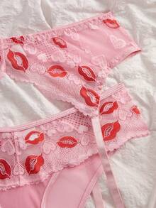 情人节性感内衣套装，粉色蕾丝爱心文胸套装，包含文胸、内裤、腰环和腿环，打造私密卧室情趣。 - 粉色 - 查看 4