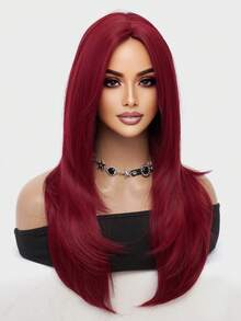 酒红色中分长直假发，26英寸，女士自然直发假发，蓬松透气，耐热合成纤维假发，非常适合初学者打造时尚日常造型，完美适用于约会、拍照、角色扮演、优雅派对、音乐节、聚会等场合。 - 酒紅色 - 查看 9