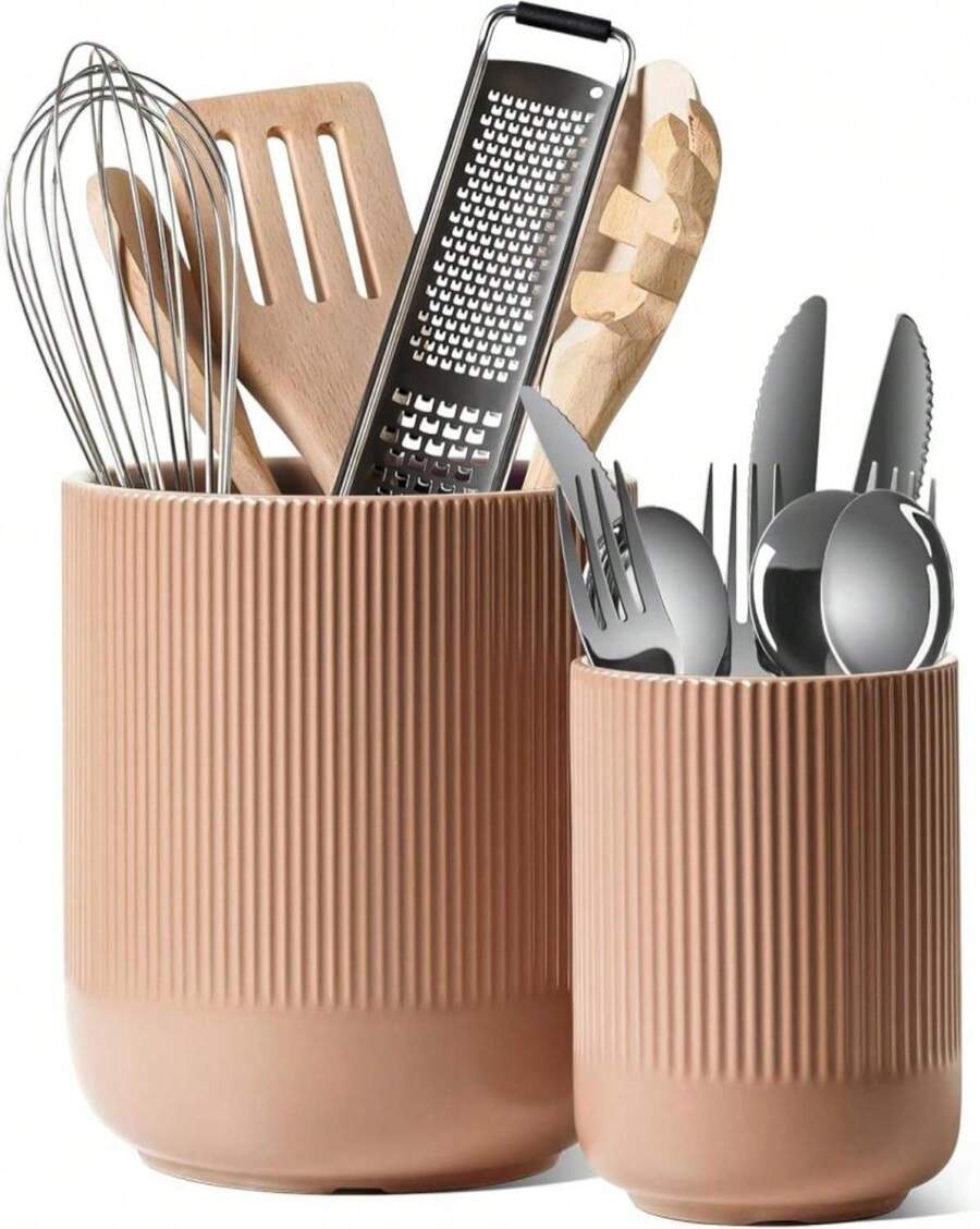 LE TAUCI Utensil Holder, 7.3"+5.4" Ceramic Kitchen Utensil Holder For Countertop, Large Cooking Utensil Crocks For Kitchen Counter, Modern Utensil Organizer For Spatula, Set Of 2, Dusty Pink - ColorB - View 1