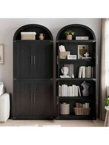 Estante arqueada alta de 72 pulgadas con puertas de madera, armario de almacenamiento de estantería de pantalla de 4 niveles - construcción pesada, organizador de pie moderno para oficina en casa Sala de estar - Puertas de madera negra - Ver 7