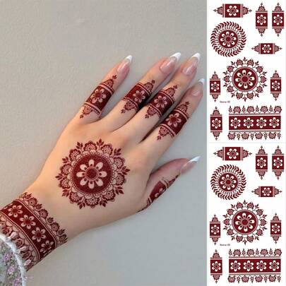 2pcs Red Henna Mandala Lace Pattern Temporary Tattoo Stickers, Waterproof Sweatproof, Easy To Remove, Suitable For Arms, Hands, Feet, Back, Neck, Eid Al-Adha, Festivals, Daily Parties, Gatherings