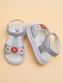 女童夏季凉鞋，软底轻便，花卉图案，可调节绑带 - 銀色 - 查看 2
