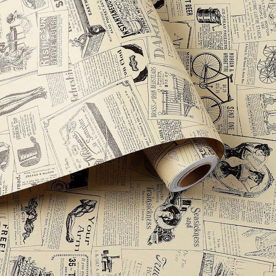 17.7\X 315\ Vintage Wallpaper Stick And Peel For Bedroom Yellow Removable Contact Paper Retro Victorian Women Newspaper Wallpaper Stick On Furniture Bathroom Backdrop Accent Wall Waterproof - 報紙 - 查看 1