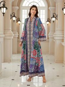 优雅女士V领长袖波西米亚印花连衣裙，采用柔软面料制成，展现充满活力的波西米亚风格 - BX02 - 查看 6