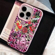 1pcs Pink Leopard Tattoo Roses Skull Heart Phone Case Suitable For Apple Phone 11 12 13 Pro Xs Max XS X 14 15 16 Plus 17ProMax Silicone Shock Proof Vintage Funky Cute Fashion Can Be Given To Friends You Can Give It To Yourself - Hồng - Xem 3