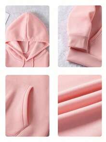 Plus Size Women Slogan Print Drop Shoulder Long Sleeve Casual Loose Thermal Lined Hoodie Sweatshirt, Autumn/Winter - 粉色 - 查看 8