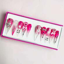 NailLuxe 10 PCS Handmade Dragon Press - On Nails | Pink Gothic Dragon Nails With Pink & Clear Bases, Gothic Stud & Cross Embellishments For Edgy Sweet Styles - 玫瑰紅 - 查看 3