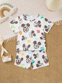 Disney 男童授权可爱米奇老鼠两件套 - 圆领无袖上衣和短裤，米奇图案，夏季休闲T恤，活泼时尚，透气面料，两件套，儿童短裤套装，小男孩两件套 - 杏色 - 查看 4