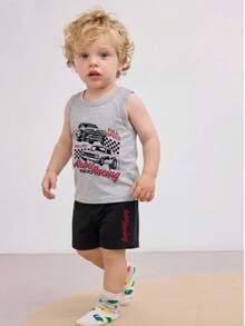 Baby Boys Racing Car Print Tank Top And Shorts Set, Spring/Summer - Grey - View 4