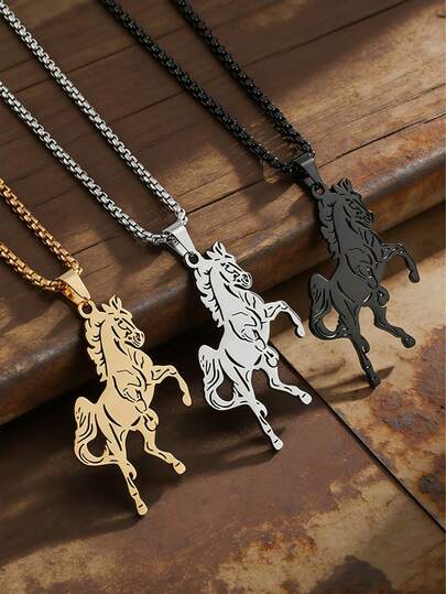 1件新款时尚不锈钢马奔驰动物吊坠项链，男女皆宜，朋克风，幸运饰品礼品