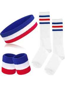 TendenciaONUPGO 5 Piezas Sweatbands Striped Socks Set Cinta Deportiva para la Cabeza Muñequeras Calcetines de Rayas para Hombres y Mujeres Deportes 80s Disfraces Fiesta TemáticaCalidad premium - Rayas rosas/blancas/rosas - Ver 9
