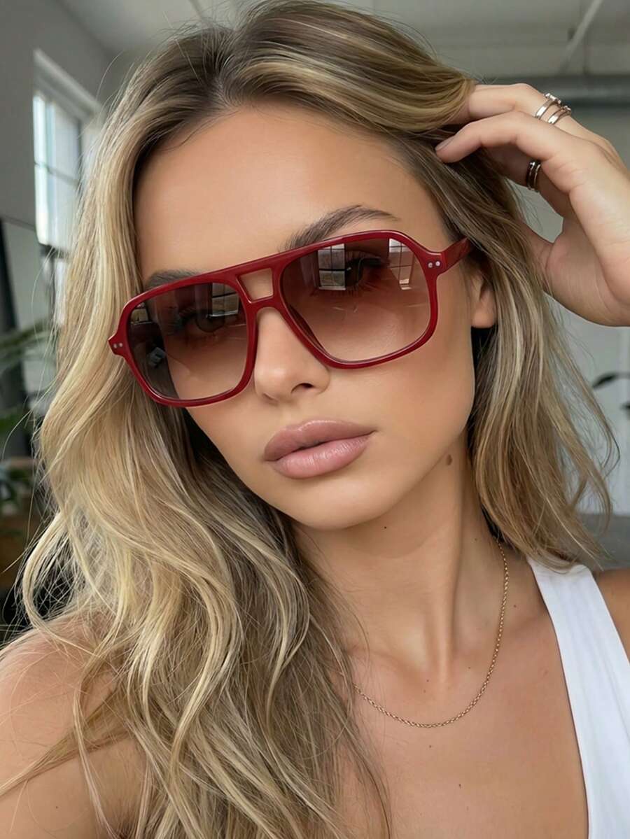 1 par de gafas de mujer con montura cuadrada de PC roja, puente doble, unicolor, minimalista, de estilo callejero de moda - Rojo - Ver 1