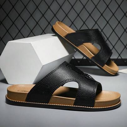 2025新款男士PU气垫休闲拖鞋，防滑轻便，户外纯色沙滩鞋，冬季款