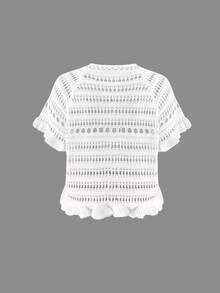 Women's Casual Everyday Chic Cute Design Beachwear Vacation Seaside High Neck Shoulder Strap Ruffle Seashell Hollow Out Cropped Sweater, Spring/Summer - Multicolor - View 8