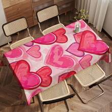 1件套粉色渐变格子爱心情人节桌布套装，混搭风格涤纶长方形桌布，带有渐变爱心和格子爱心图案 - 彩色 - 查看 4
