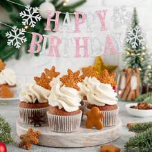 CZ Snowflake Happy Birthday Banner Winter Wonderland Party Hanging Decorations Frozen Winter Wonderland Christmas Snowflake Theme  Shower Birthday Party Decorations Supplies Silver And Pink Glitter 8380 - 銀粉色 - 查看 4
