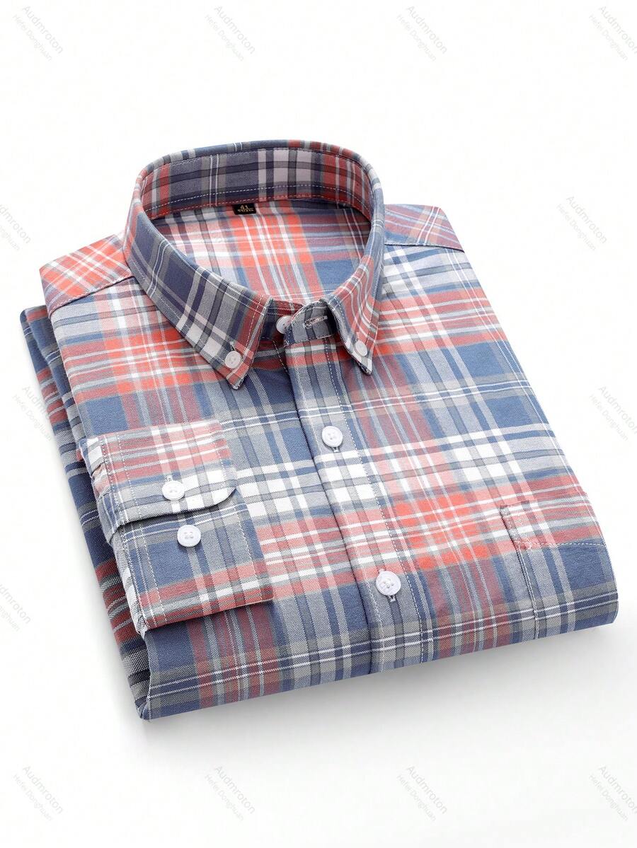 Audmroton Men's Plaid Striped Button Down Shirts Spring Fall Cotton Long Sleeve Oxford Dress Shirts With Pocket - 亮橙色 - 查看 1
