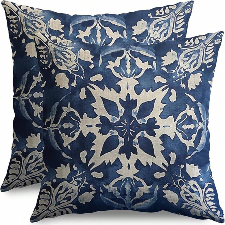 Sage Green Boho Throw Pillow Covers 18 X 18 Inch Pack Of 2, Bohemian Pattern Decorative Pillow Cases Vintage Outdoor Linen Farmhouse Cushion Covers Bedroom Home Sofa Decor, Decor - 藍色奶油波西米亞風 - 查看 1