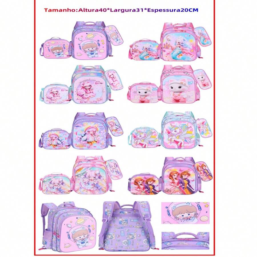 Kit 3 Mochila Escolar Infantil Menina e Menino Bolsa Lancheira Estojo Estampas 3D PU - Multicolorido - Visão 1