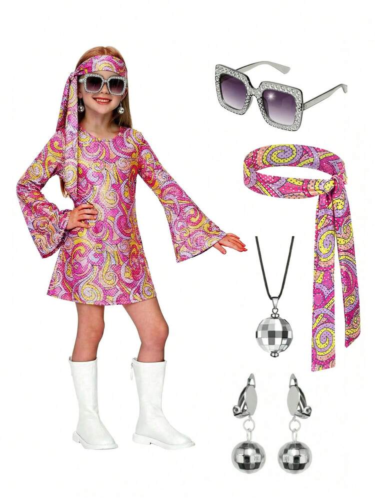 Tween Girl 70s Disco Party Dress, Costume For Ball, Birthday Party, Easter, Children's Day - Pink - View 1