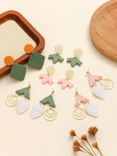 1 Pair Fresh Forest Style Polymer Clay And Metal Drop Earrings With Textured Geometric Shape Star Square Design Color Block Decor Dangle Earrings For Women Daily Casual Park Stroll Coffee Date Wear And Natural Style Lovers