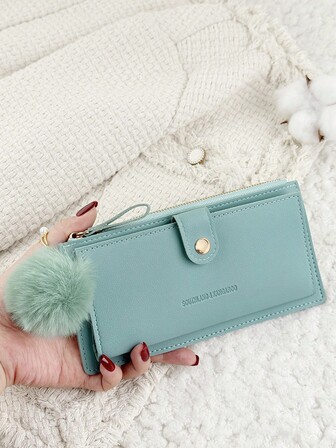 With A Pom-Pom Charm,Blue Fold Over Long Wallet Women Fashion Modern Business Slim Portable Versatile Large Capacity Credit Card Zipper ID Card Money Cash Storage Business Casual Perfect School College Work Business Commute Teachers' Day Back To School Holiday Office Anniversary Lover For Birthday Gift Women White-Collar Workers College Student,Bag School Supplies For School Dorm Room & Back To School