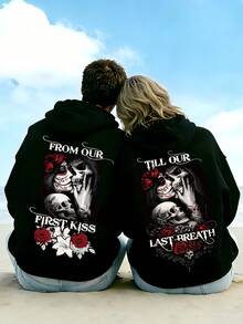 "From First Kiss To Last Breath" Skull Graphic Couple Hoodie ,Couple Hoodies Set Gothic Skull Print Long Sleeve Pullover Sweatshirt Men Women Casual Black Hooded Top For Lovers Valentine's Day - 1pc-男-黑-連帽衛衣 - 查看 1